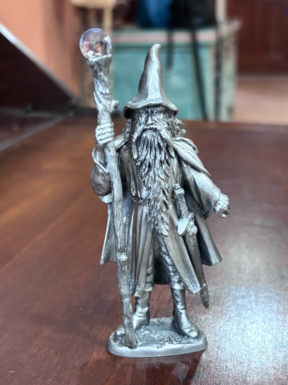 Pewter wizard figurine with crystal